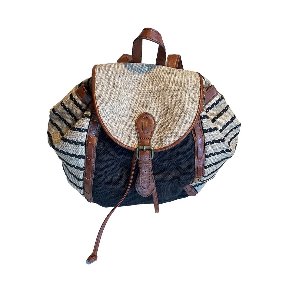 Lucky Brand Backpack Linen, Cotton, Poly Tan/Navy Stripped The Kendal Boho Woven
